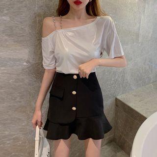 One-shoulder Plain Top / High-waist Plain Mermaid Skirt