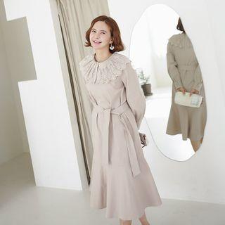 Lace-capelet Long Dress With Sash