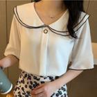 Contrast Trim Collared Elbow-sleeve Blouse