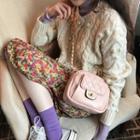 Turtleneck Long-sleeve T-shirt / Floral A-line Skirt / Pom Pom Detail Cable Knit Cardigan