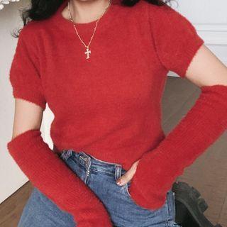 Set: Short-sleeve Knit Top + Fingerless Gloves Red - One Size