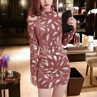 Feather Patterned Long-sleeve Mini Sheath Dress