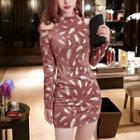 Feather Patterned Long-sleeve Mini Sheath Dress