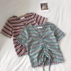 Color-block Striped V-neck Drawcord Knit Short-sleeve Top