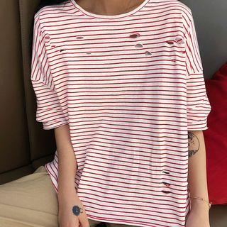 Striped Short-sleeve Ripped T-shirt