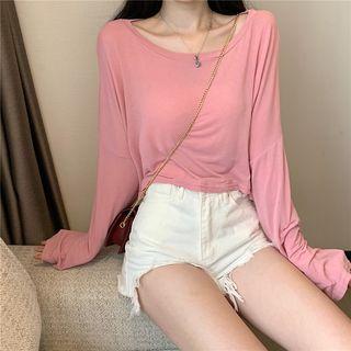 Plain Long-sleeve Off Shoulder T-shirt