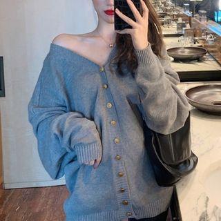 Plain V-neck Off-shoulder Long-sleeve Sweater Gray - One Size