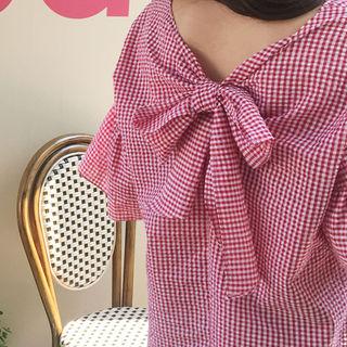 V-neck Bow-back Check Top