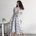 Short-sleeve Plaid A-line Dress With Belt - As Shown In Figure - One Size