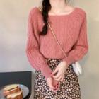 Long-sleeve Square Neck Cable Knit Sweater / Floral Midi Skirt