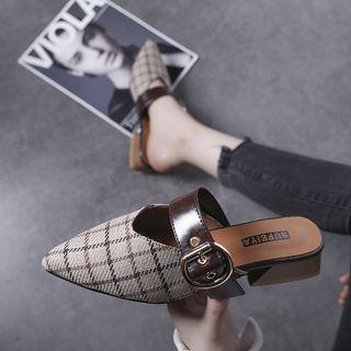 Buckled Plaid Fabric Pointed Mules