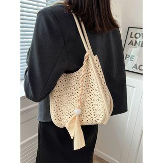 Set: Perforated Faux Leather Shoulder Bag + Zip Pouch