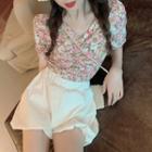 Short-sleeve Floral Print Top Shorts - White - One Size