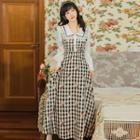 Long-sleeve Floral Embroidered Lace-trim Check Midi A-line Dress