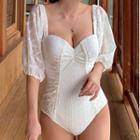 Plain Elbow-sleeve Swimsuit