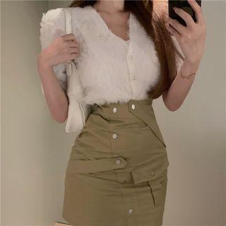 Elbow-sleeve Button-up Top / Mini Pencil Skirt