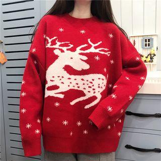 Deer Print Round-neck Sweater Sweater - Red - One Size