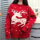 Deer Print Round-neck Sweater Sweater - Red - One Size
