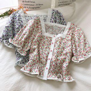 Floral Square Neck Puff-sleeve Blouse