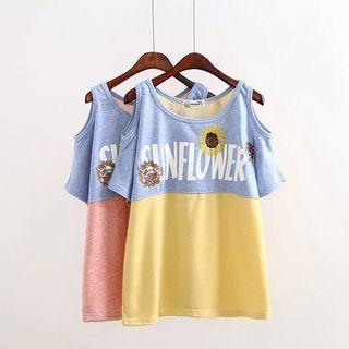 Print Short-sleeve Cold Shoulder Panel T-shirt
