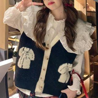 Long-sleeve Layered Collar Ruffled Blouse / Button-up Sweater Vest