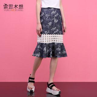 Perforated Trim Ruffle Hem Midi Skirt
