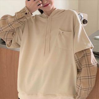 Mock Two Piece Loose Fit Plaid Sleeve Hoodie