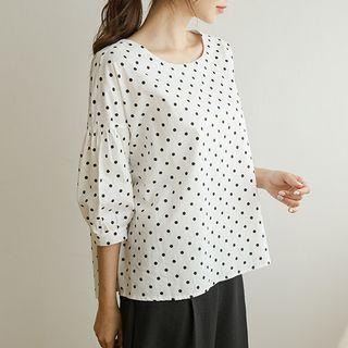 Button-back Balloon-sleeve Dotted Top