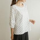 Button-back Balloon-sleeve Dotted Top