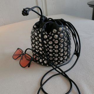 Studded Drawstring Bucket Bag Black - One Size