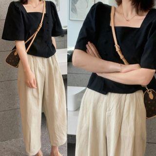 Set: Bell Sleeve Square Neck Plain Blouse + Plain Cropped Baggy Pants