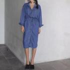 Single-breasted Gathered-waist Stand-collar Long-sleeved Long Denim Dress