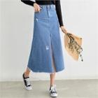 Fray-hem Slit-front Long Denim Skirt