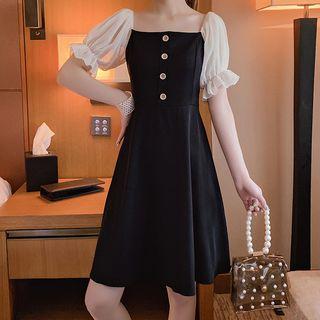 Mesh Panel Square-neck Short-sleeve A-line Dress
