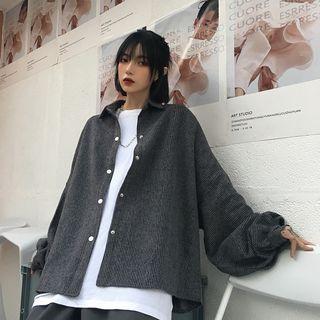 Striped Lantern-sleeve Button Coat Dark Gray - One Size