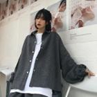 Striped Lantern-sleeve Button Coat Dark Gray - One Size