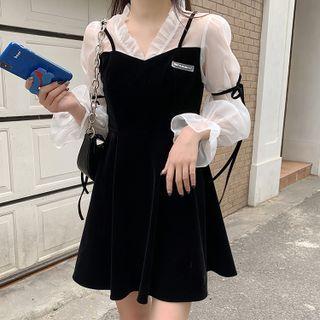 Mock Two-piece Mesh Panel Ruffle Trim Mini A-line Dress Black - One Size