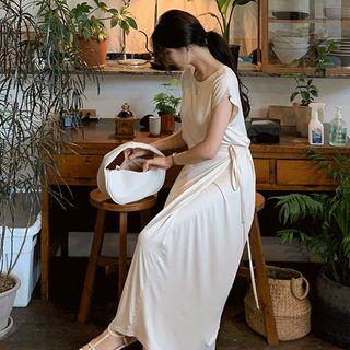 Set: Round-neck Sleeveless Top + Band-waist Wrap-front Skirt