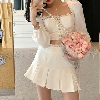 Set: Lace Trim Blouse + Mini A-line Skirt