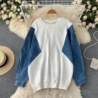 Round-neck Panel Denim Long-sleeve Sweatshirt