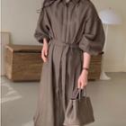 Puff-sleeve Drop Shoulder Tie-waist Shirtdress
