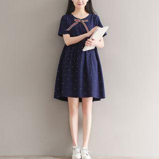 Bow Accent Dotted Short Sleeve Dress
