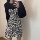 Long-sleeve Zebra Print Panel Mini Dress Black & White - One Size