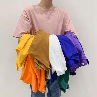 Round-neck Plain Elbow-sleeve Top