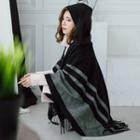 Color-block Hooded Fringed Poncho