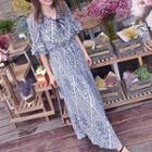 Elbow-sleeve Patterned Maxi Dress