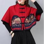 Elbow-sleeve Print Frog-buttoned Top