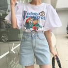 Balloon-sleeve Printed T-shirt Ivory - One Size