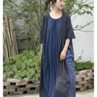 Elbow-sleeve Plaid Panel Maxi Shift Dress Gray & Blue - One Size