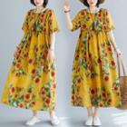 Floral Short-sleeve Midi A-line Dress Sunflower - Yellow - One Size